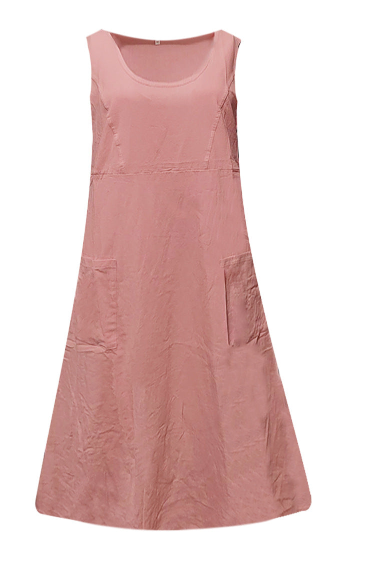 New Product in Stock Wish Aliexpress Amazon Independent Station Sleeveless Plus Flap Pocket Pants Pure Color Cotton and Linen Midi Dress