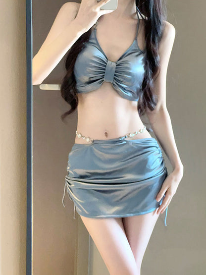 2025 New Swimsuit Women's Silver High-End Sexy Separates Three-Piece Set Hot Spring Vacation Fashion Bikini Hot Girl Outfit