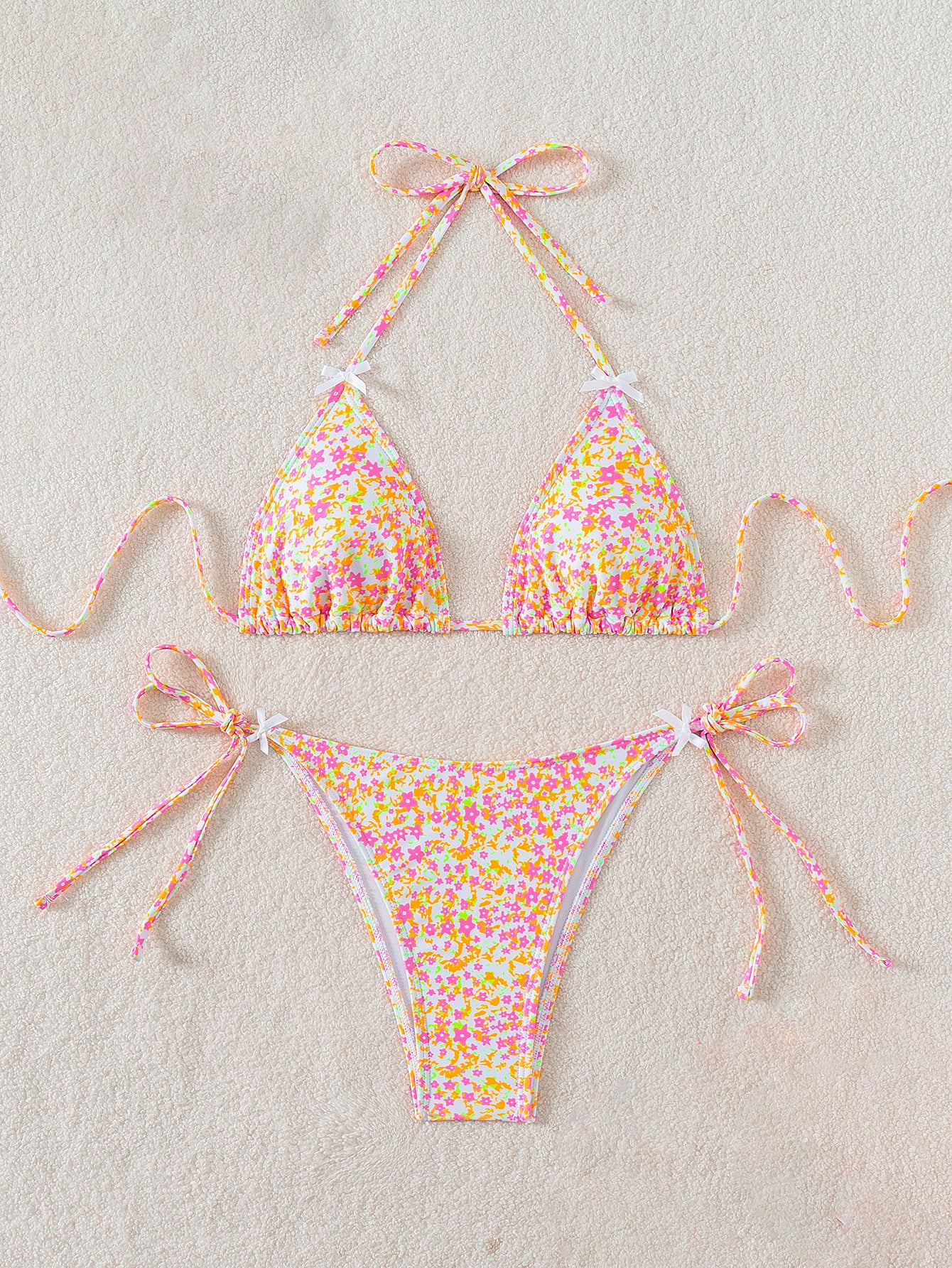 2025 New Bikini Cross-Border European and American Foreign Trade Floral Bow Tie Sexy Bikini Swimsuit Swimwear for Women