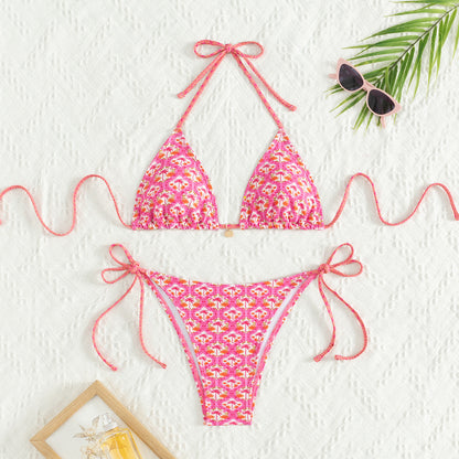 2025 New Bikini Cross-Border European and American Foreign Trade Printed Triangle Cup Lace-Up Sexy Bikini Swimsuit Swimwear for Women