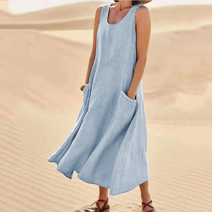 New Product in Stock Wish Aliexpress Amazon Independent Station Sleeveless Plus Flap Pocket Pants Pure Color Cotton and Linen Midi Dress