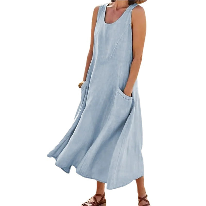 New Product in Stock Wish Aliexpress Amazon Independent Station Sleeveless Plus Flap Pocket Pants Pure Color Cotton and Linen Midi Dress