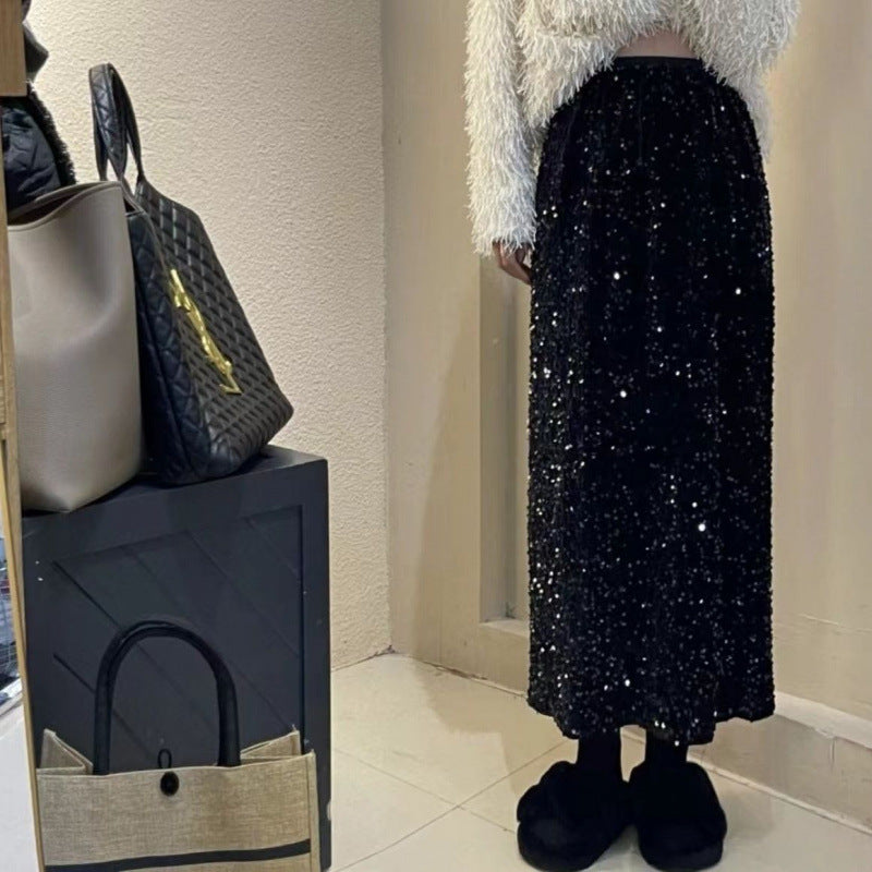 plus size 2025 Spring New Fashion Sequin Split Skirt Women's Small Long Straight Skirt