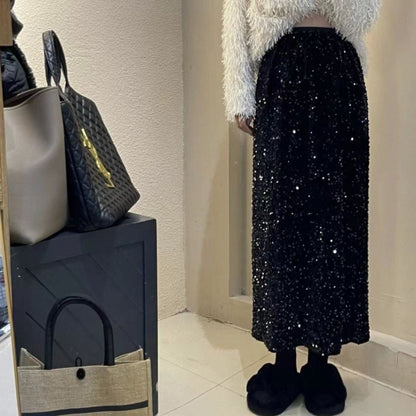 plus size 2025 Spring New Fashion Sequin Split Skirt Women's Small Long Straight Skirt