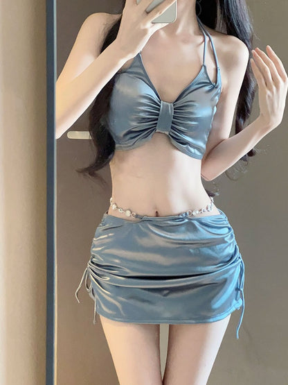 2025 New Swimsuit Women's Silver High-End Sexy Separates Three-Piece Set Hot Spring Vacation Fashion Bikini Hot Girl Outfit