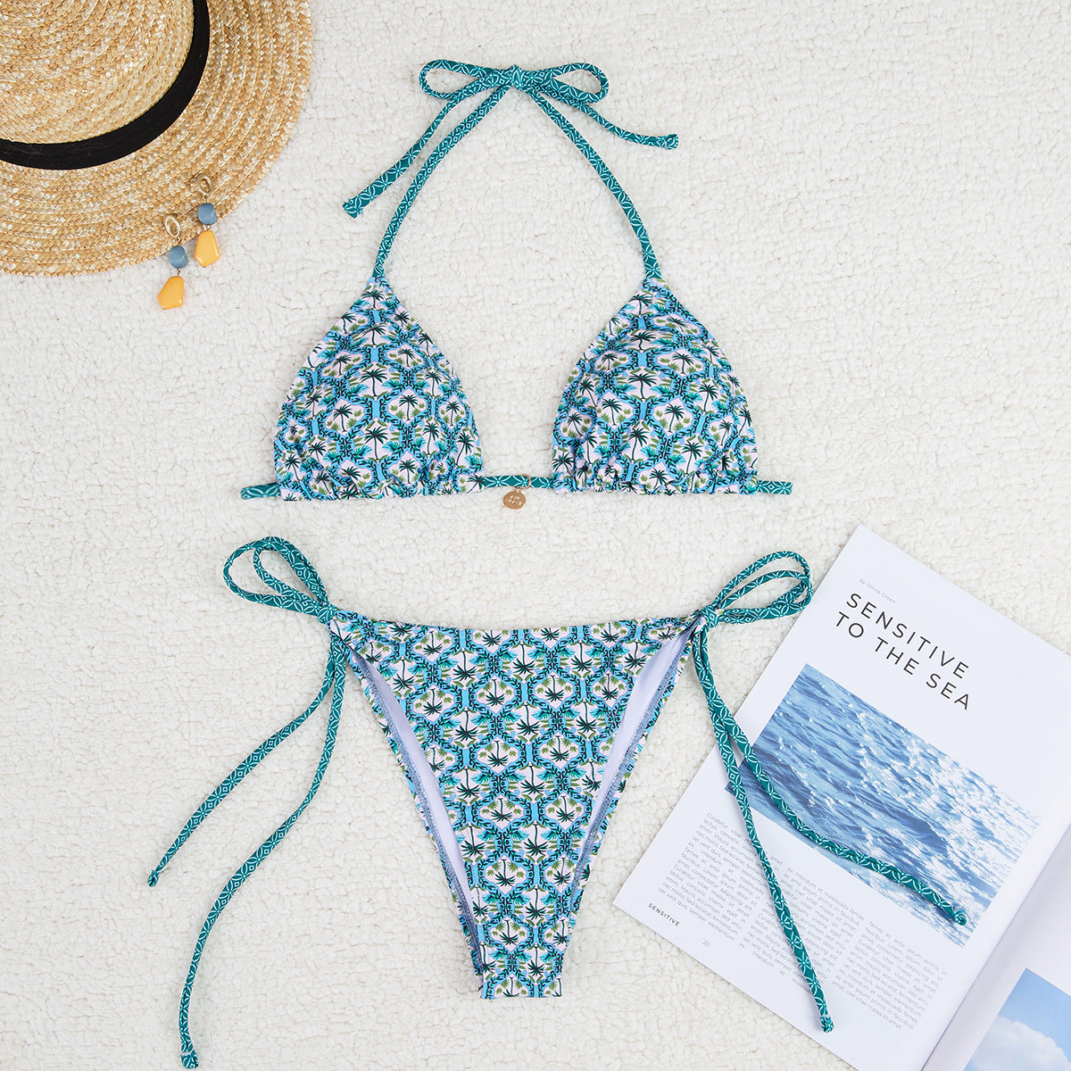 2025 New Bikini Cross-Border European and American Foreign Trade Printed Triangle Cup Lace-Up Sexy Bikini Swimsuit Swimwear for Women