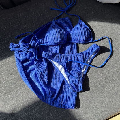 2025 European and American New Swimsuit Three-Piece Backless Drawstring Strap Bikini Bikini Three-Piece Swimsuit