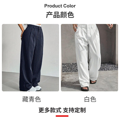 2025 Spring and Summer New Cross-border Design Sense Pants Casual High Waist Stitching Pants Simple Dosing Sense Loose Straight Leg Pants