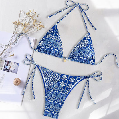 2025 New Bikini Cross-Border European and American Aliexpress Printed Lace Sexy Bikini Split Swimsuit Swimsuit for Women
