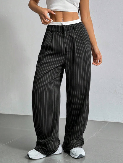 2025 Spring and Summer New Cross-border Design Sense Pants Casual High Waist Stitching Pants Simple Dosing Sense Loose Straight Leg Pants