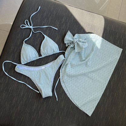2025 European and American New Swimsuit Three-Piece Backless Drawstring Strap Bikini Bikini Three-Piece Swimsuit