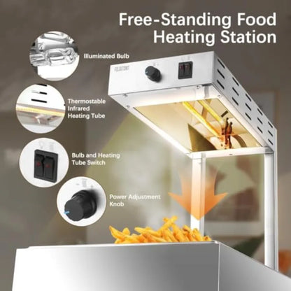French Fry Warmer for Commercial Kitchens, Stainless Steel, Silver, Thermostable Infrared Heating Lamp with Free-Standing Desig