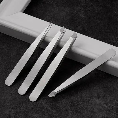 4 Piece Professional Tweezers Set Eyebrow Hair Removal, Beard Plucking, Stainless Steel Angled Tweezers Tools Hair Removal Tool