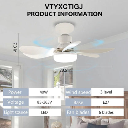 Socket Fan Light with Remote, Portable Ceiling Fan for Bedroom, Kitchen, Living Room, E26 Base 40W Dimmable 3000K-6000K